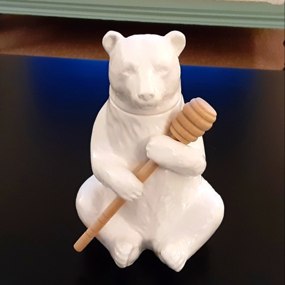White Bear Ceramic Honey Pot with Dipper